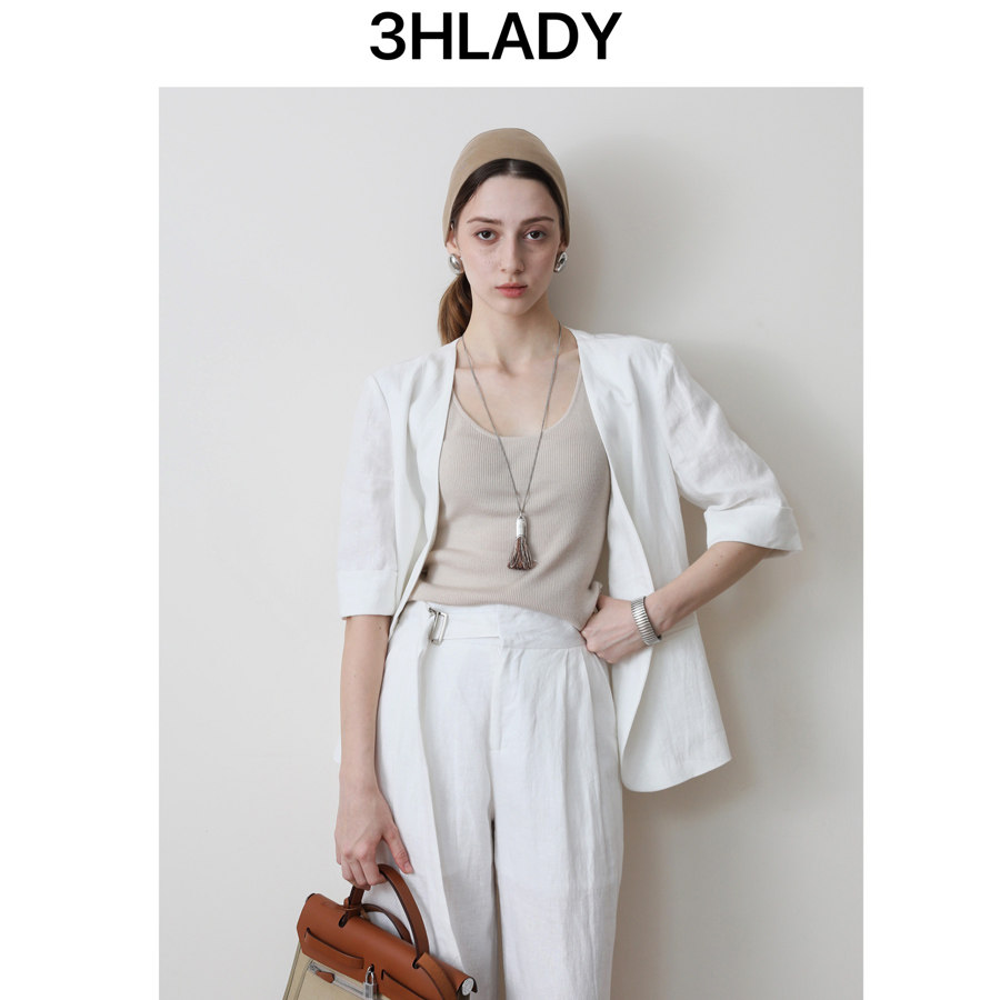 3HLADY 松弛拉满老钱风 白色亚麻无领一粒扣西装/腰带装饰阔腿裤,女装/女士精品,时尚套装,淘宝优惠券,粉丝福利购,淘宝优惠卷