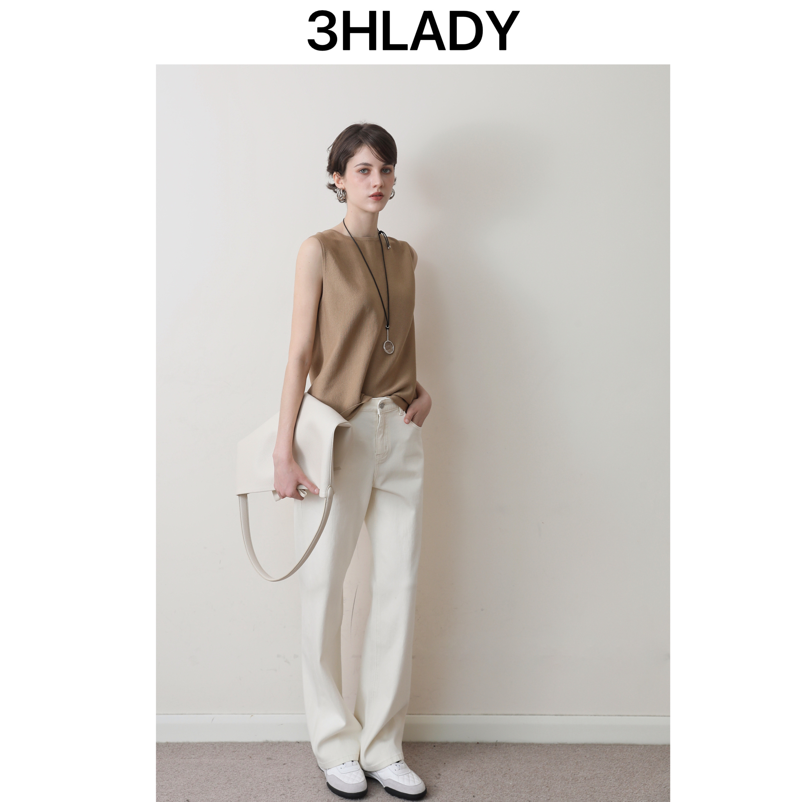 3HLADY 松弛态度 柔韧微弹 舒适百搭 奶酪色微锥阔腿裤长裤牛仔裤