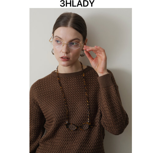 3HLADY | 冬日复古棕调 B*格编织肌理纹圆领美丽诺羊毛套头毛衣