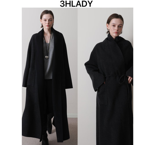 3HLADY | 灰黑双面撞色 睡袍风格长款双面呢羊毛绒大衣
