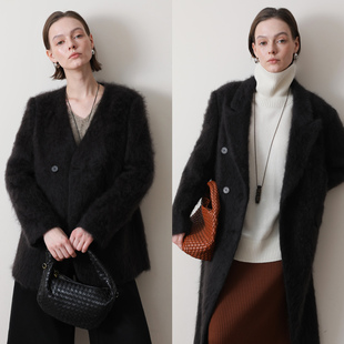 3HLADY |低调小奢 拉绒 羊毛羊绒双排扣V领外套|翻领长款大衣