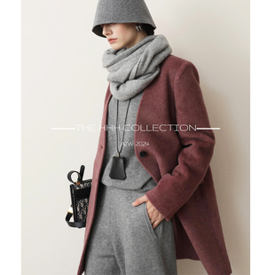 无领设计两粒扣中长款 烟熏豆沙色 羊驼毛外套大衣 汲简 3HLADY