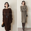 侧开叉绵羊毛针织裙连衣裙 竖坑条显瘦JI简风格 3HLADY 慵懒风