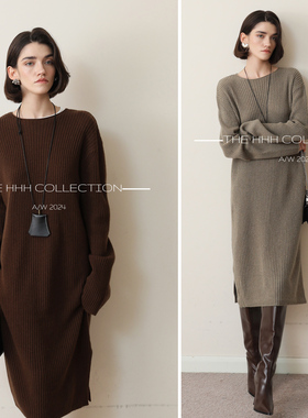 3HLADY 慵懒风 竖坑条显瘦JI简风格侧开叉绵羊毛针织裙连衣裙