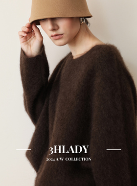 3HLADY  绒密温暖 高原牦牛绒拉绒 皮草感船领宽松风格中长毛衣