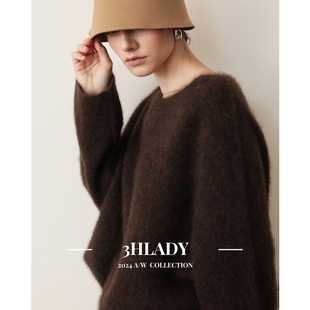3HLADY  绒密温暖 高原牦牛绒拉绒 皮草感船领宽松风格中长毛衣