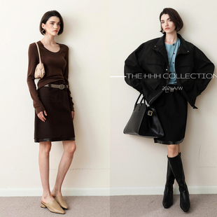 3HLADY时髦VTG老钱感 下摆不同材质拼接设计小A感半身裙