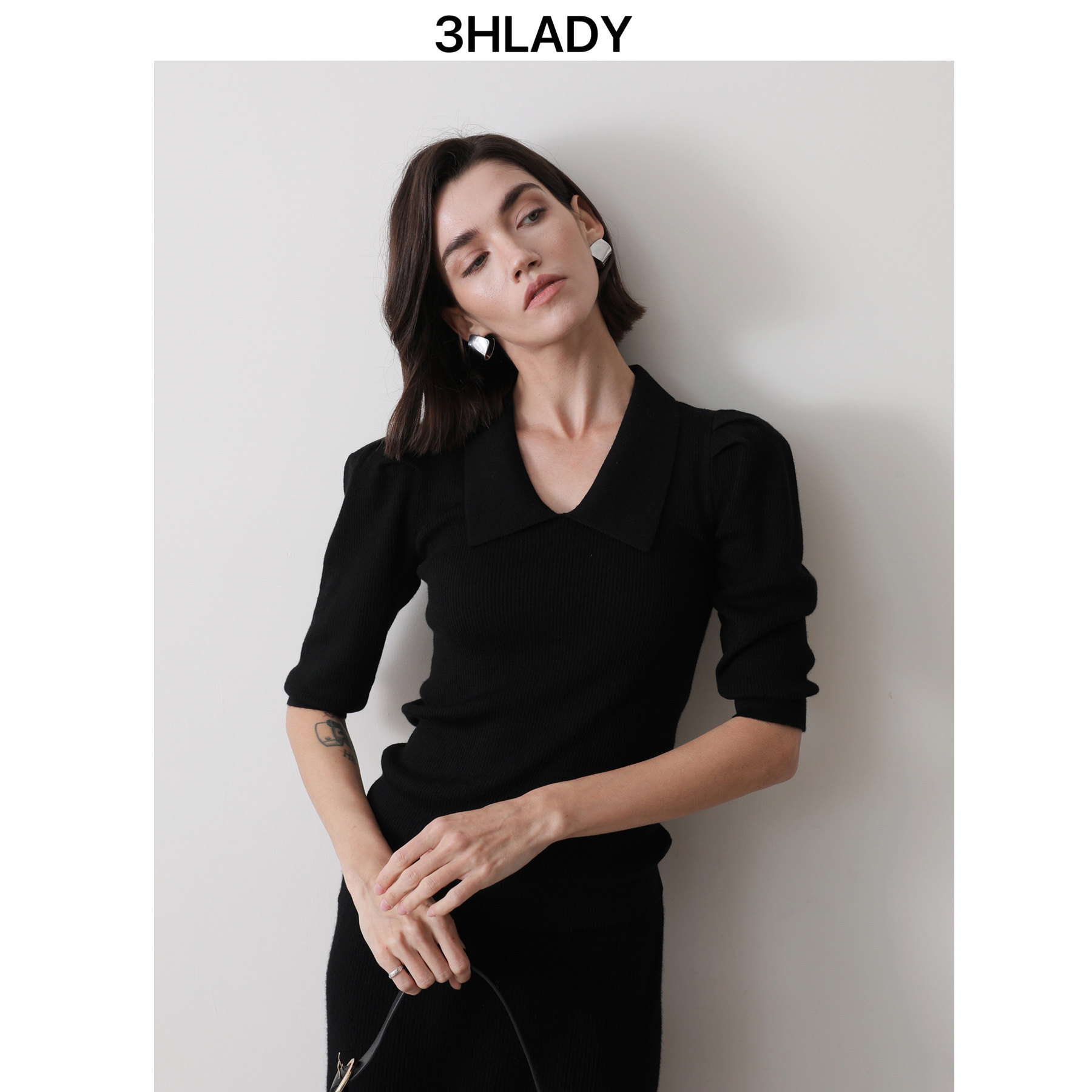 3HLADY| 甜酷MIU风 复古翻领褶皱袖螺纹修身半袖羊毛针织上衣