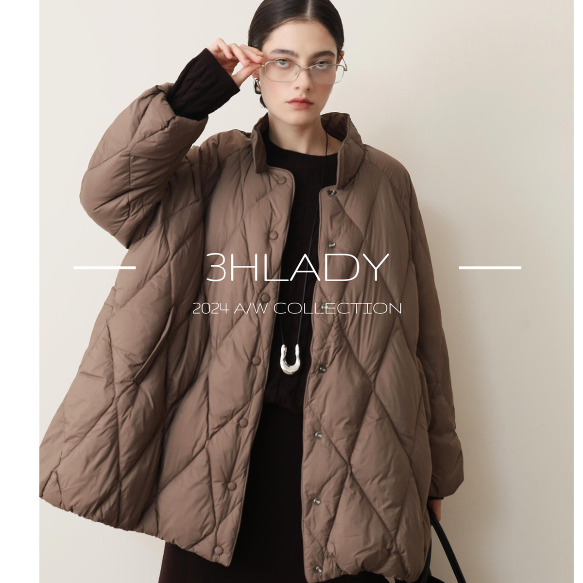 3HLADY 雪融提拉米苏 时髦复古A型小立翻领 菱形格衍缝90鹅绒服