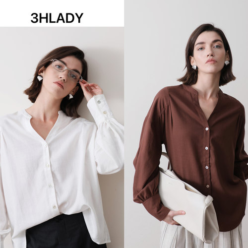 3HLADY |剪V领设计 宽松风格莱赛尔纤维落肩袖衬衣
