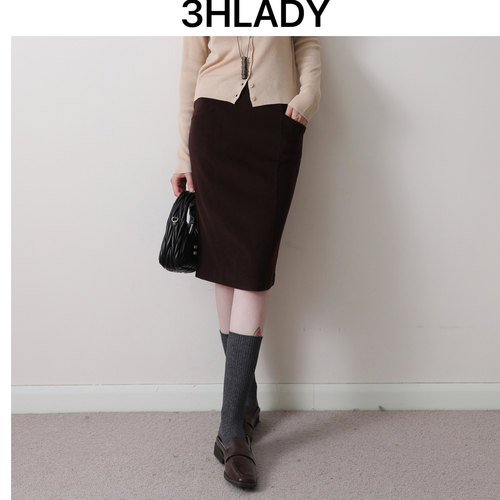 3HLADY | OFFICE美式SIREN风 复古咖羊毛半身裙汲膝铅笔裙