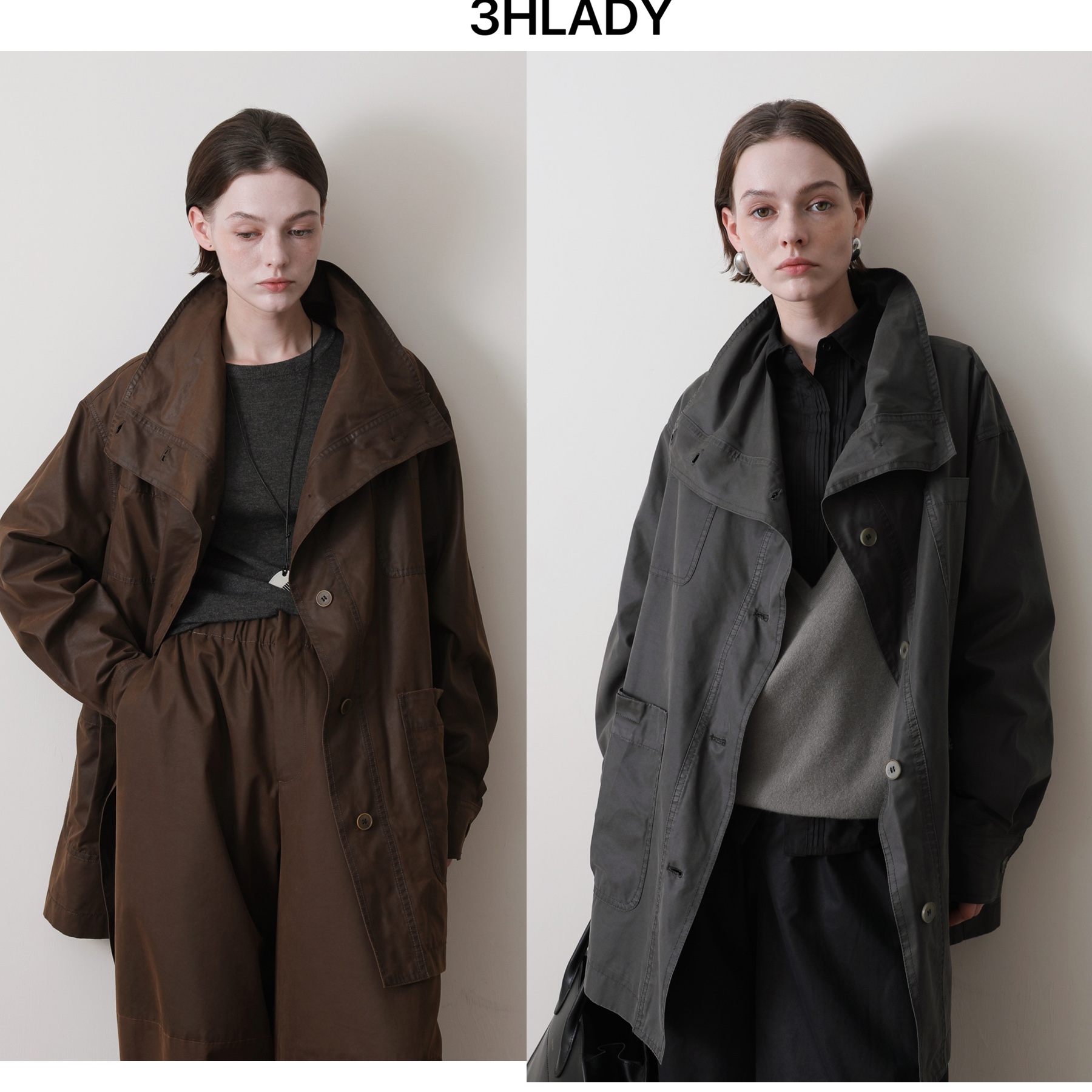 3HLADY |飒帅“结构美学” 油蜡水洗工艺 可两穿领中长风衣