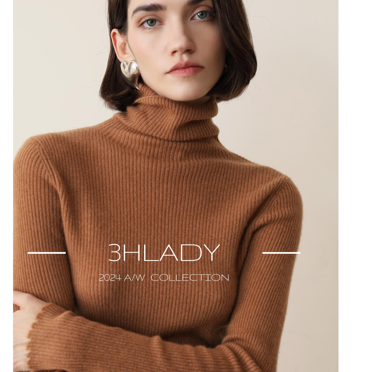 3HLADY JI简 双股编织 曲牙边设计修身罗纹弹力山阿拉善羊绒衫