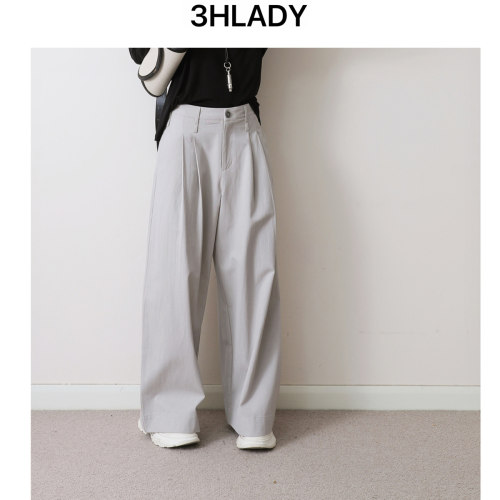 3HLADY 和纸纤维 一字腰打褶设计小高腰阔腿裤长裤