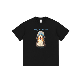 宽松百搭半袖 新款 T恤男女卡通狗狗印花夏季 日系简约圆领黑色短袖