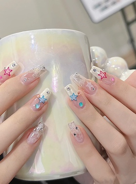 手工穿戴甲2023新款千禧镂空粉蓝碎钻星星y2k甜美酷辣小红书同款