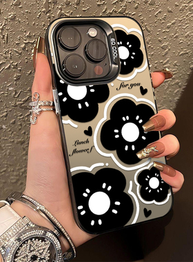 黑色花朵适用苹果15手机壳14保护套iPhone13彩银12硅mini胶11全包xr超薄Xs防摔pro女max新678款plus镜头se