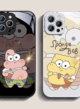 海绵宝宝适用苹果15/14手机壳13保护套iPhone12玻璃壳11超薄xr防摔pro男Xs女max新款6s78卡se通plus外壳mini