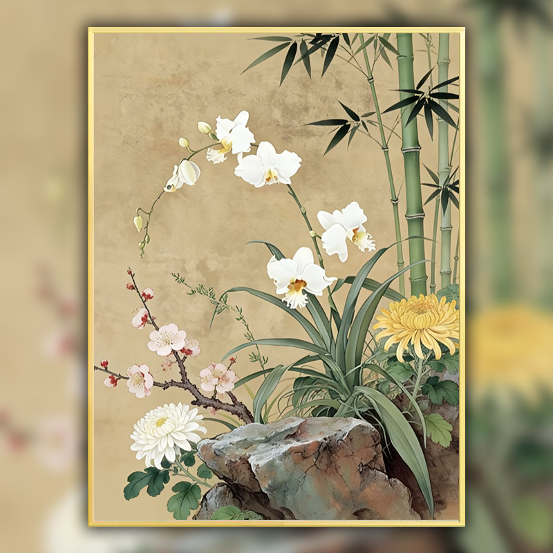 梅兰竹菊5diy钻石画2026新款客厅中古风花卉点贴钻十字绣线绣餐厅