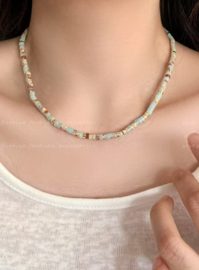小众复古寿山石串珠彩色项链