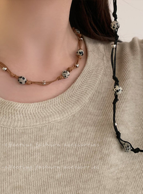 复古斑点石新款编织绳串珠项链女简约小众轻奢高级感叠戴锁骨链女