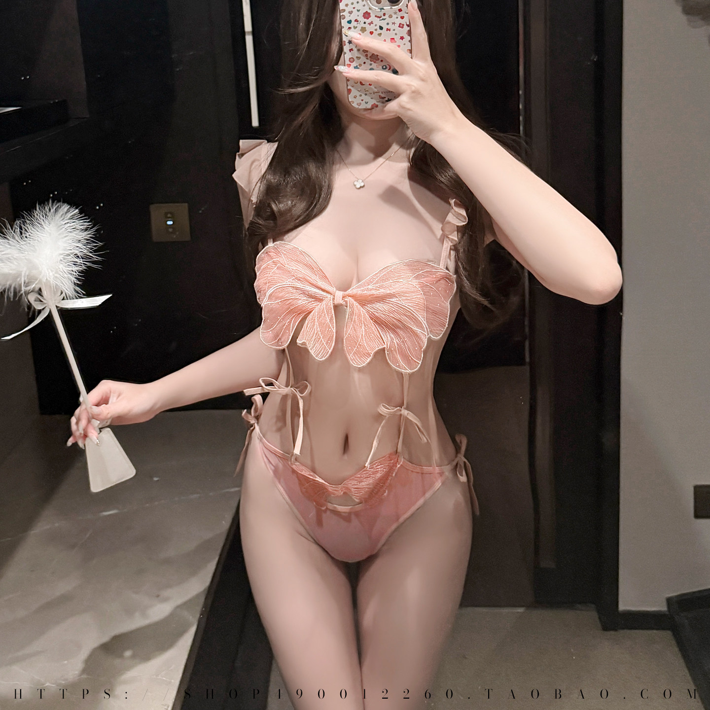 性感网纱三点式连体内衣套装纯欲蝴蝶结深V缕空系带透视私房睡衣