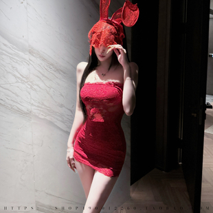 性感辣妹红色蕾丝抹胸包臀裙短款纯欲夜店修身连衣裙收腰显瘦裙子