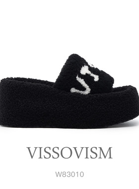 VISSOVISM秋冬厚底拖鞋女外穿增高8厘米黑色羊羔毛宽带拖 W83010