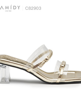 CAMIDY SINCE 1982法式方头粗跟露趾透明水晶一字拖 C82903