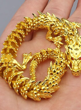 纯黄铜中国龙玩具生肖可活动五爪金龙手把件办公室装饰桌面小摆件