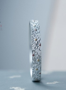 小雏菊嵌金手工银手镯