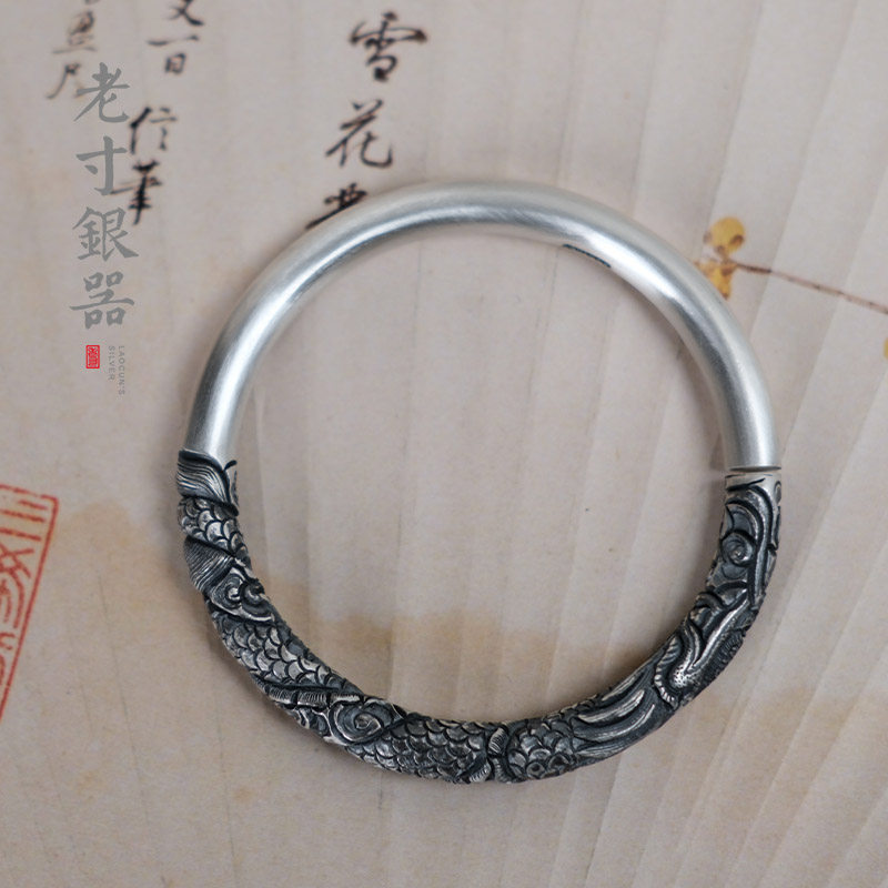 老寸银器复古手工雕刻定制银手镯