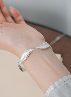 壹寸金工小清新小茶叶银手镯