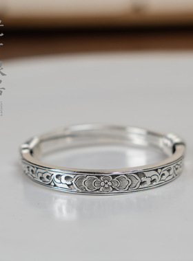 老寸银器复古刻花女手工银手镯