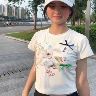 上衣服ins 小狗印花蝴蝶结短袖 正肩T恤女春夏季 白色小个子修身 短款