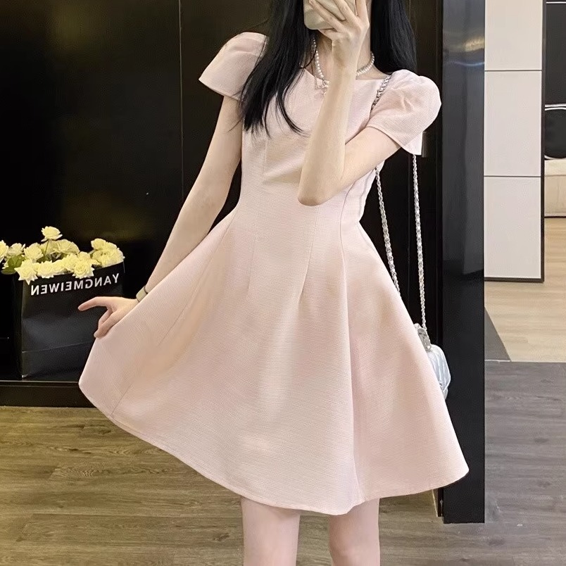 2025超好看连衣裙女夏法式高级感甜美气质收腰短裙粉分高腰A字裙