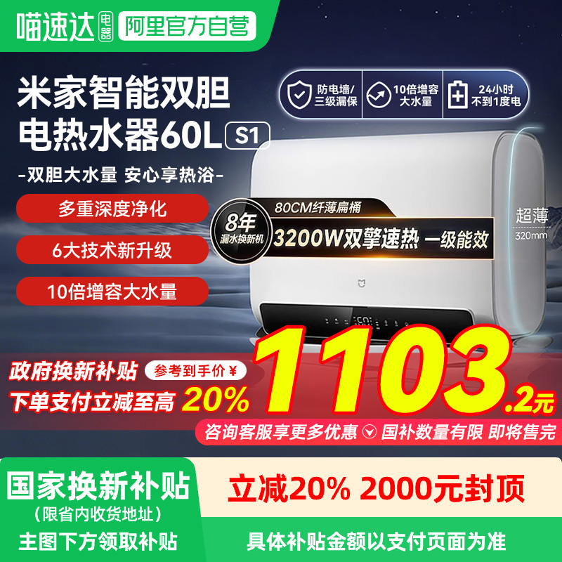 小米智能双胆电热水器60LS1家用大容量卫生间洗澡神器一级能效