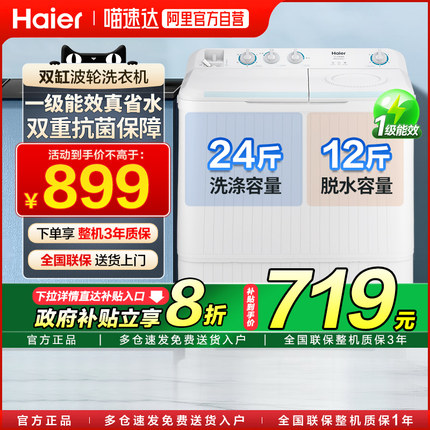 [国补20%]海尔洗衣机半自动12公斤超大容量双缸双桶新一级能效100