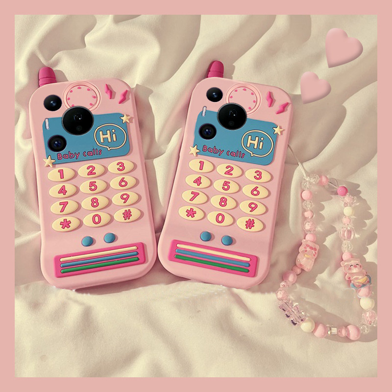 手机壳硅胶ins风粉色大哥大电话机带手绳
