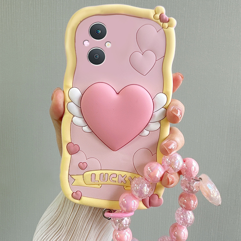 手机壳硅胶ins风粉色天使爱心带挂链