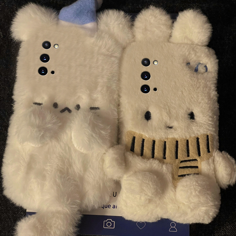 手机壳秋冬毛绒可爱卡通围巾米菲兔帽子小猫