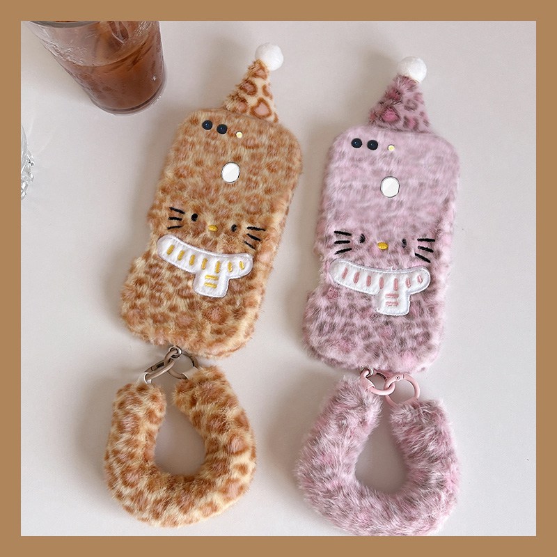 手机壳秋冬毛绒豹纹卡通圣诞帽子