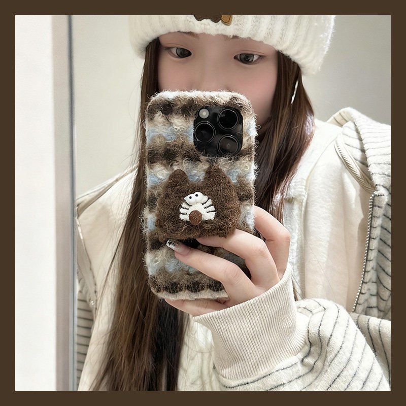 毛绒蓝棕条纹适用苹果17手机壳三星s25秋冬opporeno14绒布vivox200华为pura80卡通mate70荣耀400小米17猫咪女,3C数码配件,手机保护套/壳,淘宝优惠券,粉丝福利购,淘宝优惠卷