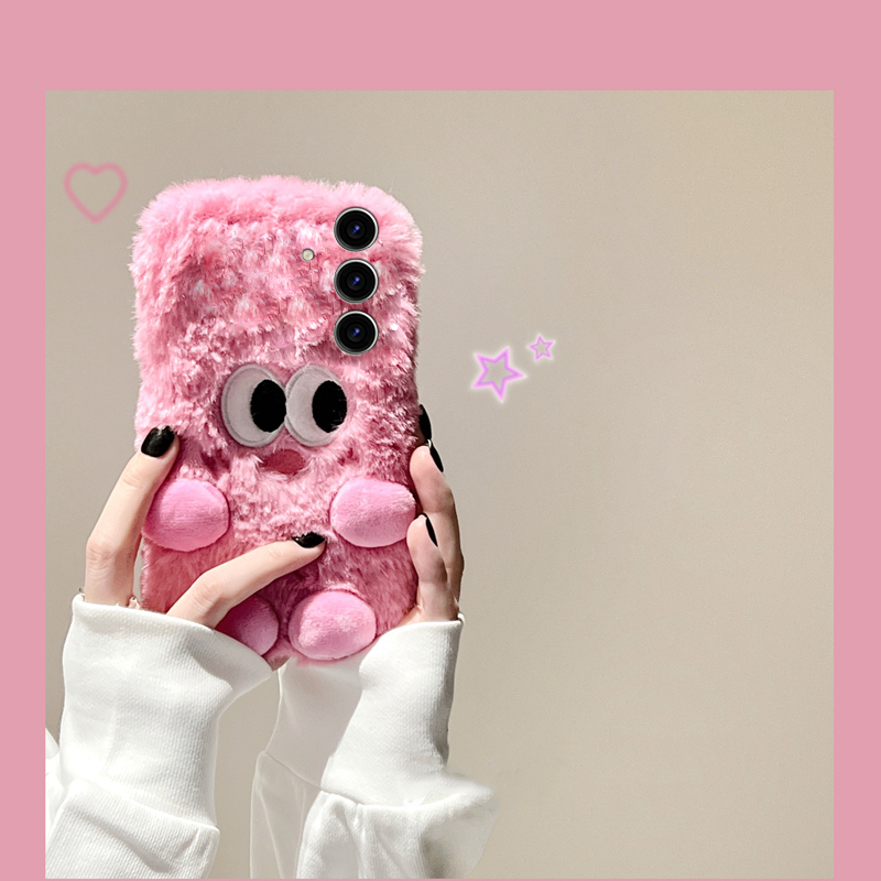 手机壳秋冬毛绒保暖暖手立体刺绣斜眼小怪兽