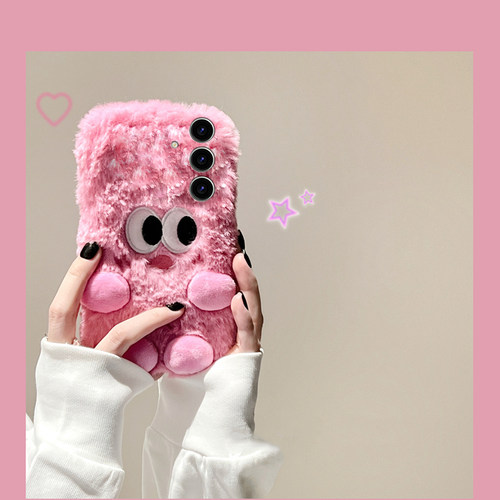 手机壳秋冬毛绒保暖暖手立体刺绣斜眼小怪兽