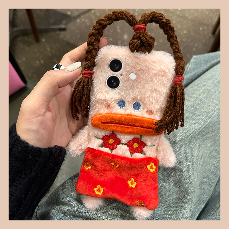 手机壳秋冬毛绒搞怪丑萌香肠嘴女孩辫子头发