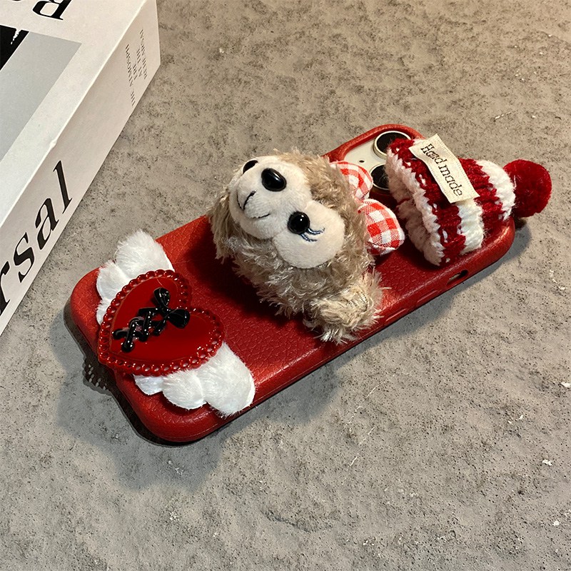 手机壳秋冬毛绒帽子爱心达菲熊