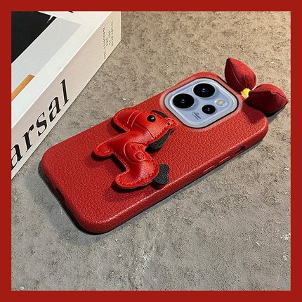红色皮质小马适用opporeno15pro手机壳reno14新年reon13秋冬12毛绒11蝴蝶结10卡通9马年8仿皮7se皮纹6十oppo