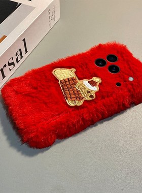 刺绣帽子小狗适用苹果17手机壳iPhone16e秋冬15promax毛绒14pro红色8plus圣诞13mini卡通12立体se4毛茸茸air