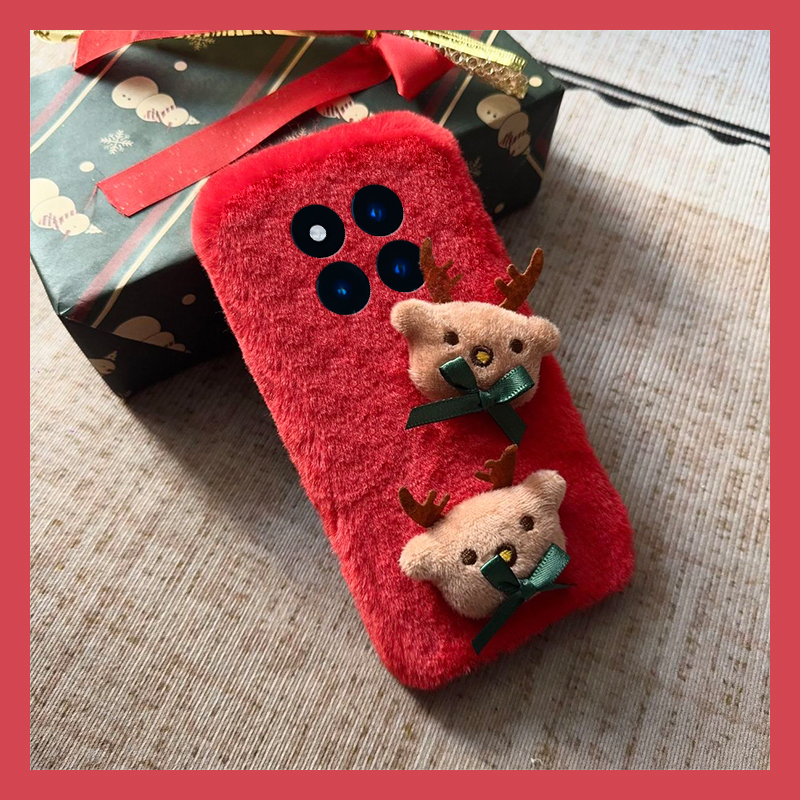 手机壳秋冬毛绒红色卡通毛茸茸圣诞节麋鹿